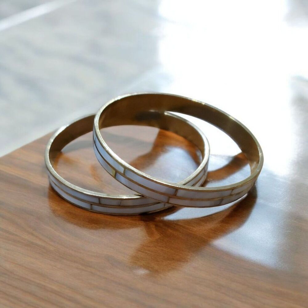 Vintage Mother Of Pearl Inlay Gold Tone Brass Stack Bangle  Bracelet Lot Of Two - Picture 2 of 3